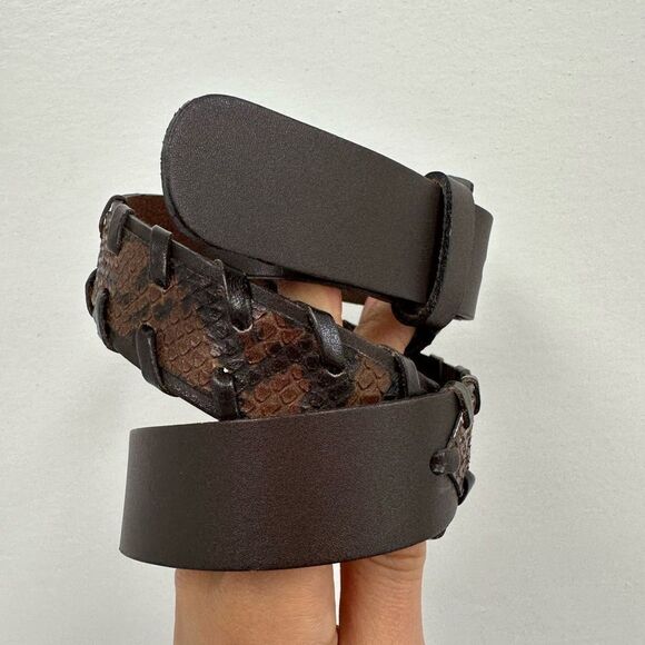 Vintage 90's The Limited Brown Leather Belt Reptile Embossed Accent Size L - Picture 3 of 9